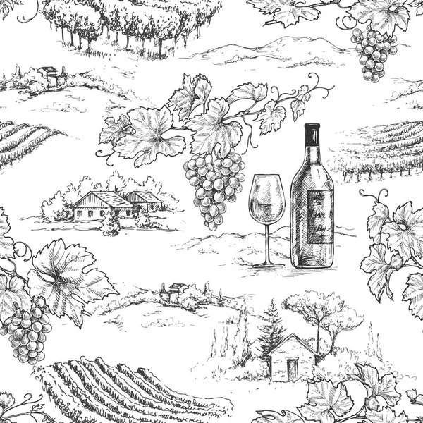 无缝图案由单色手绘葡萄树枝 瓶子和玻璃在农村场景背景 葡萄酒酿造主题矢量草图 — 图库矢量图片
