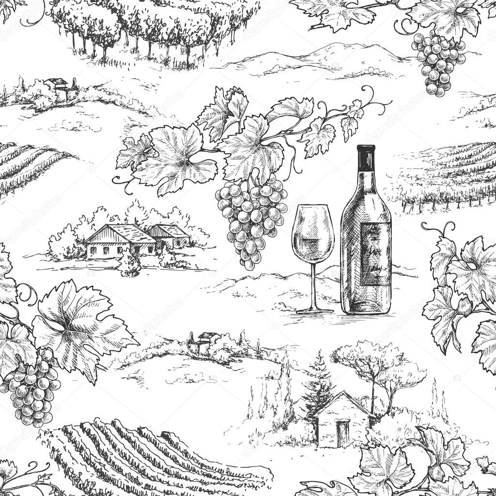 Seamless pattern made with monochrome hand drawn grape branches, bottle and glass on rural scene background. Winemaking theme vector sketch. 