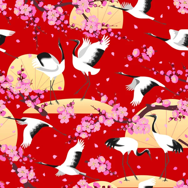 无缝的图案与日本鹤 粉红色开花的树枝和花瓣在红色的背景 东方风格的无尽纹理装饰 带有简单的樱花或梅花和鸟类元素 向量平例证 — 图库矢量图片
