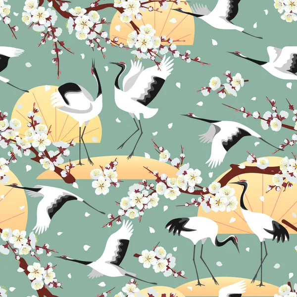 Seamless Pattern Japanese Cranes White Flowering Tree Branches Green Background — Stock Vector