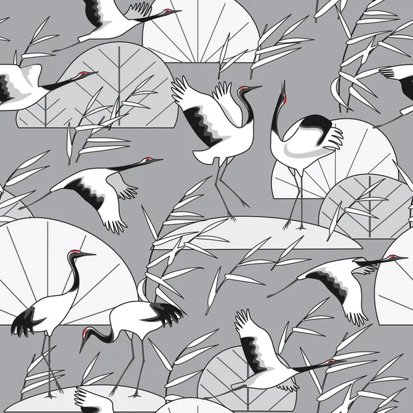 Seamless Pattern Japanese Cranes Reeds Gray Background Endless Texture Decoration — Stock Vector