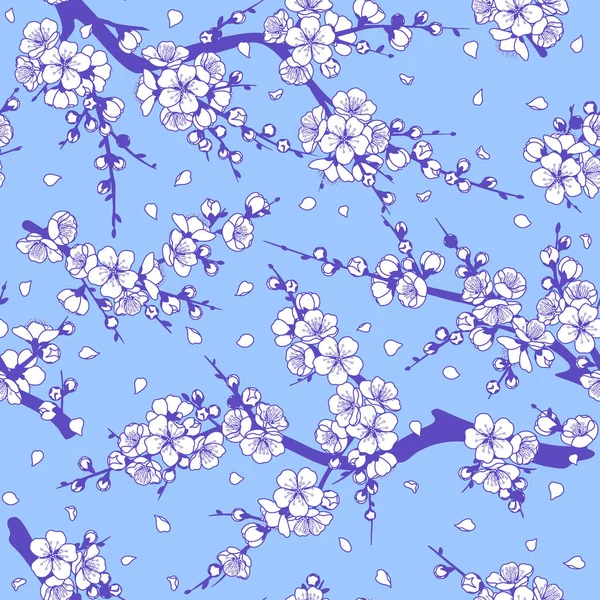 Varrat Nélküli Mintát Virágzó Ágai Kék Háttér Végtelen Textúra Dekoráció — Stock Vector
