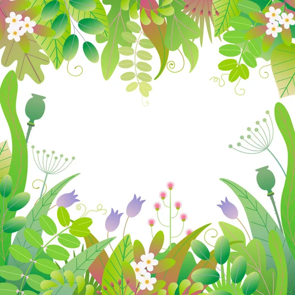 Green square frame made with colorful leaves, grass and flowers on white background with space for text. Floral border with simple elements of spring plants. Vector flat illustration.