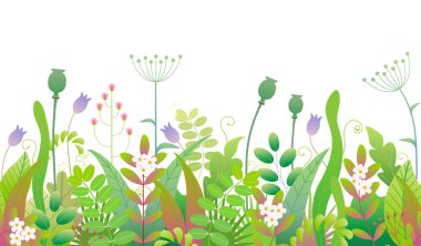 Yeşil desen renkli yaprakları, çim ve çiçek beyaz arka planda satır ile yaptı. Bahar bitkiler basit unsurları ile çiçek sorunsuz sınır. Vektör düz çizim.