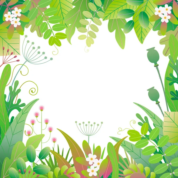 緑の葉 テキスト用のスペースと白い背景の上に花で作られた正方形のフレーム 春の植物の簡単な要素を持つ花の境界線 ベクトル フラット図 — ストックベクタ