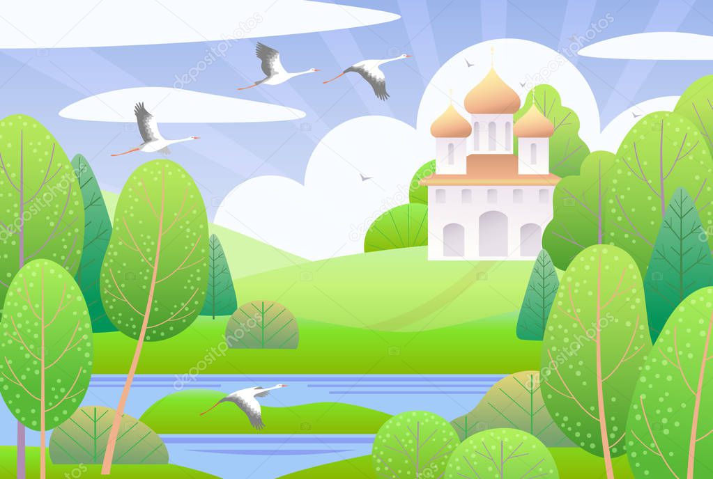 Spring scene with church, clouds, green trees and flying storks.  Nature background with colorful landscape. Vector flat naive illustration. 