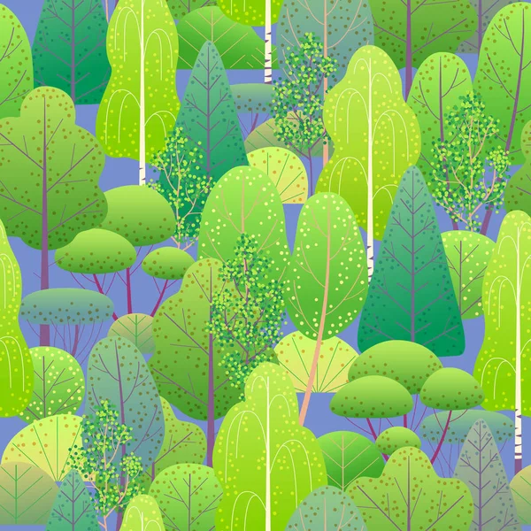 青色の背景色のカラフルな森の木々 や茂みでシームレスなパターン 植物の簡単な要素を持つ無限のテクスチャです 春の葉ベクター フラット図 — ストックベクタ