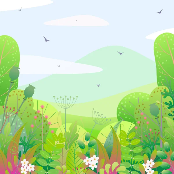 Fondo Naturaleza Cuadrada Con Árboles Arbustos Hojas Colores Hierba Flores — Vector de stock