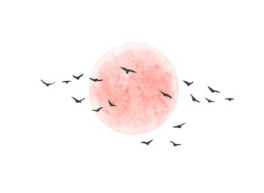 Watercolor painting. Hand drawn illustration. Red sun and flying birds isolated on white background. Nature landscape design elements. clipart