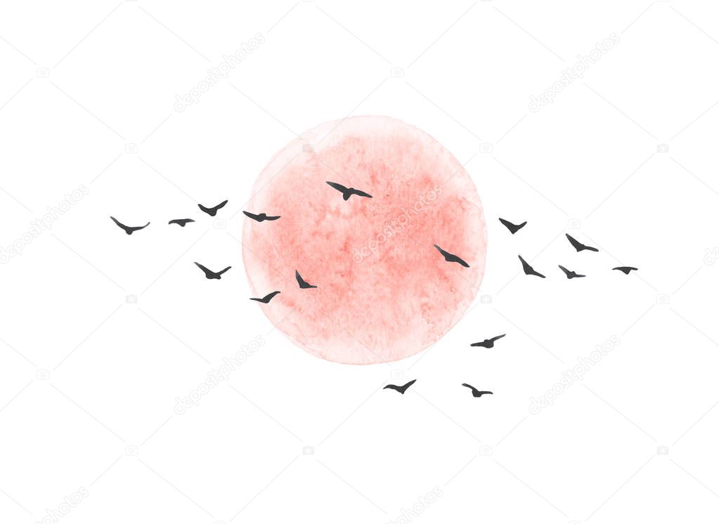 Watercolor painting. Hand drawn illustration. Red sun and flying birds isolated on white background. Nature landscape design elements.