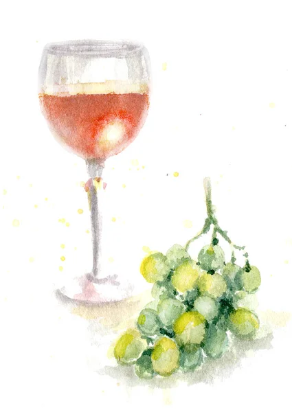 Hand drawn glass of wine and grape bunch isolated on white. Watercolor sketch in wet technique.