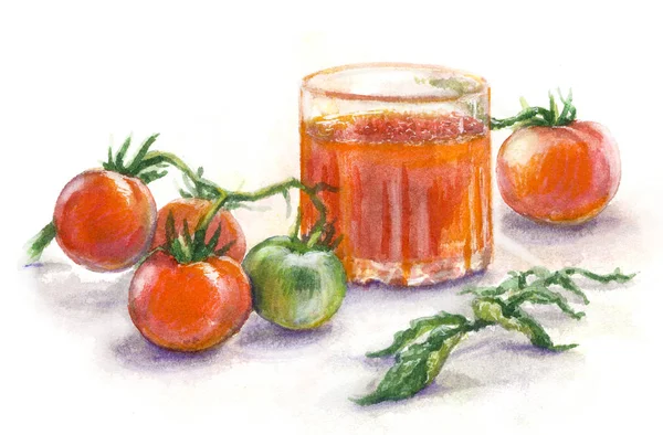 Vidro Desenhado Mão Suco Tomate Molho Com Tomates Vermelhos Verdes — Fotografia de Stock