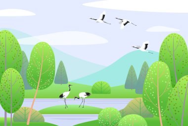 Spring Landscape with Japanese Cranes, Mountains and Trees clipart