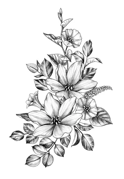 Bunch dessiné à la main avec fleurs et feuilles — Photo