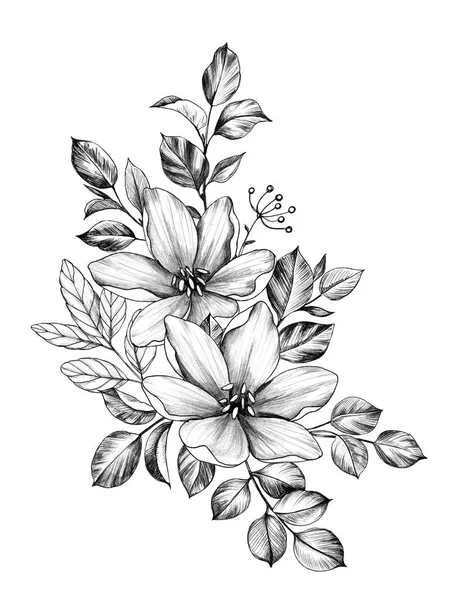 Hand drawn Bunch with Two Flowers and Leaves — Stock Photo, Image