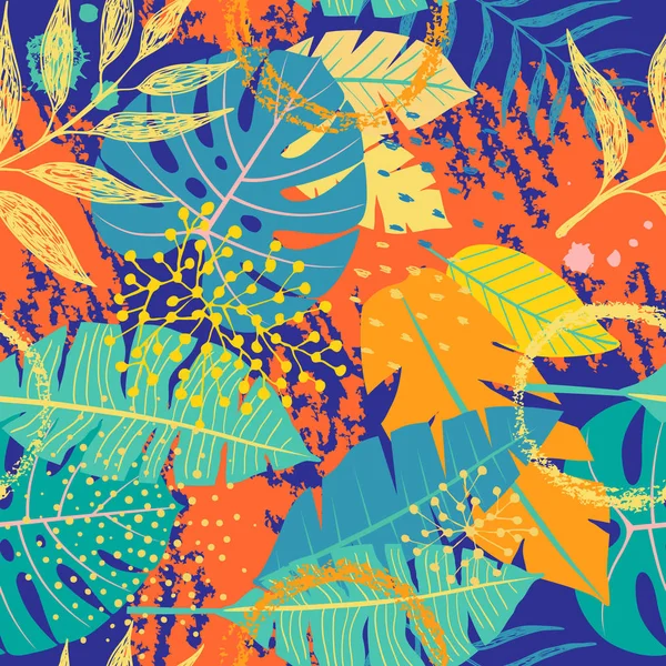 Бесшовный узор с тропическими листьями и текстурами — стоковый вектор