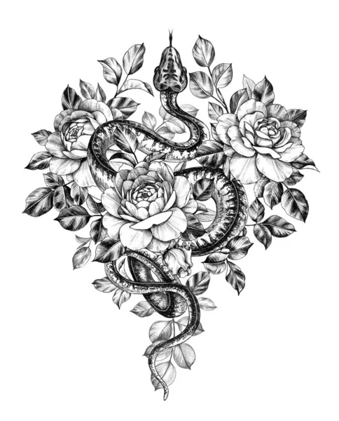Ręcznie rysowane monochromatyczne Creeping Python WTH Roses — Zdjęcie stockowe