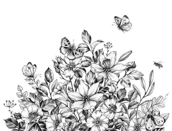 Hand Drawn Flowers Bunch, Bees  and Butterfly — Stock Photo, Image