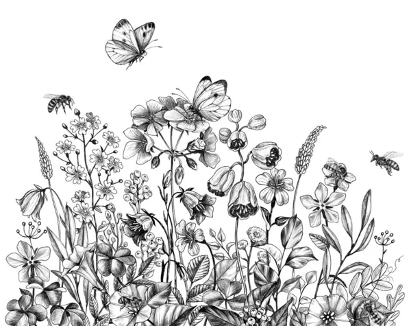 Fleurs sauvages, abeilles et papillons dessinés à la main — Photo