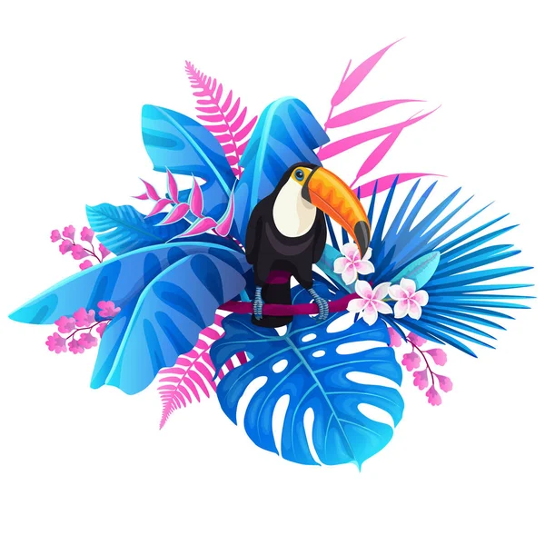 Toucan y coloridas plantas tropicales — Vector de stock