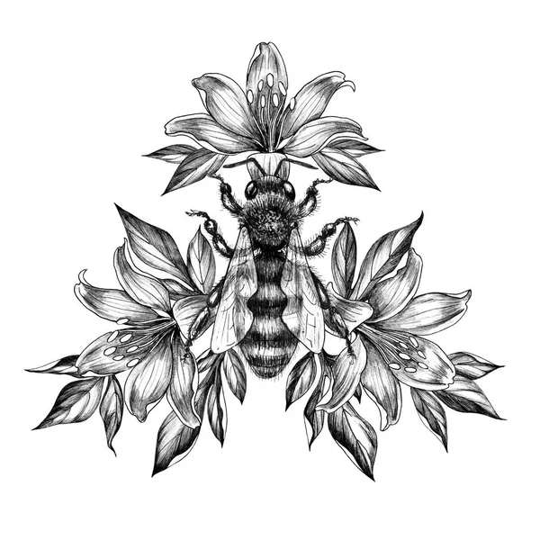 Hand Drawn Monochrome Bee with Lily Flowers — Stock Photo, Image