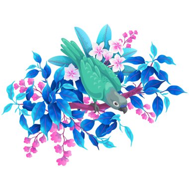 Yeşil Papağan Tropikal Bitkiler üzerinde oturan