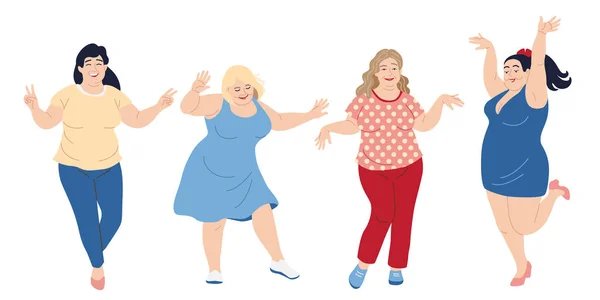 Baile más tamaño mujeres felices — Vector de stock