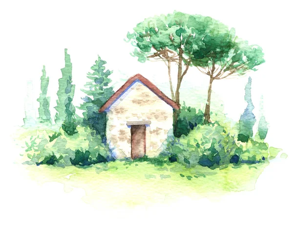 Watercolor Scene with Small Building and Trees — Stock Photo, Image