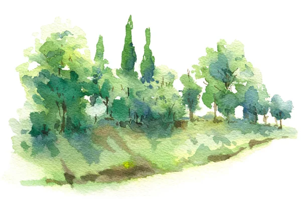 Watercolor Sketch Scene with Cypress Trees and Bushes on Hill — Stock Photo, Image