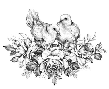Güller Kalem Çizim ile Güvercinler Çift