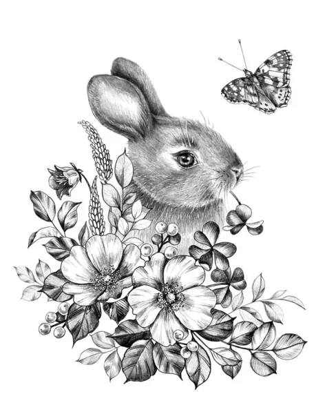 Little Hare with Wildflowers and Butterfly — Stock Photo, Image