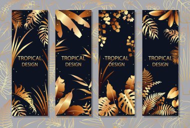 Golden Tropical Leaves Vertical Banner Set clipart