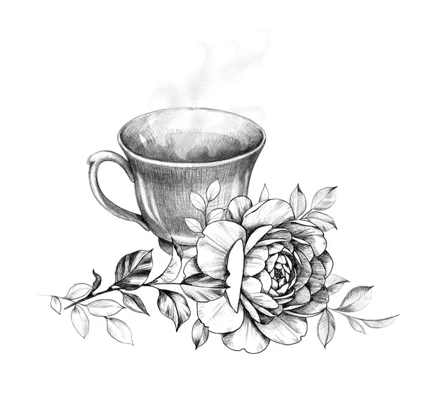 Tasse de thé chaud et rose — Photo