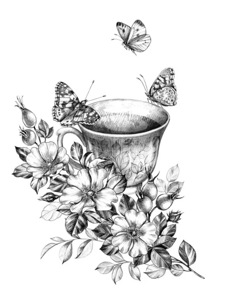 Schmetterlinge sitzen auf Teetasse — Stockfoto