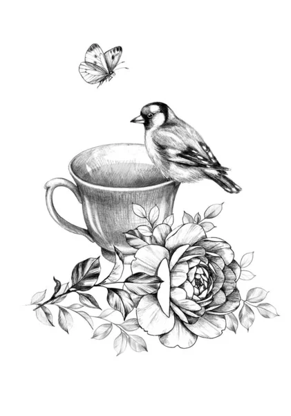 Tasse de thé, oiseau et papillon — Photo