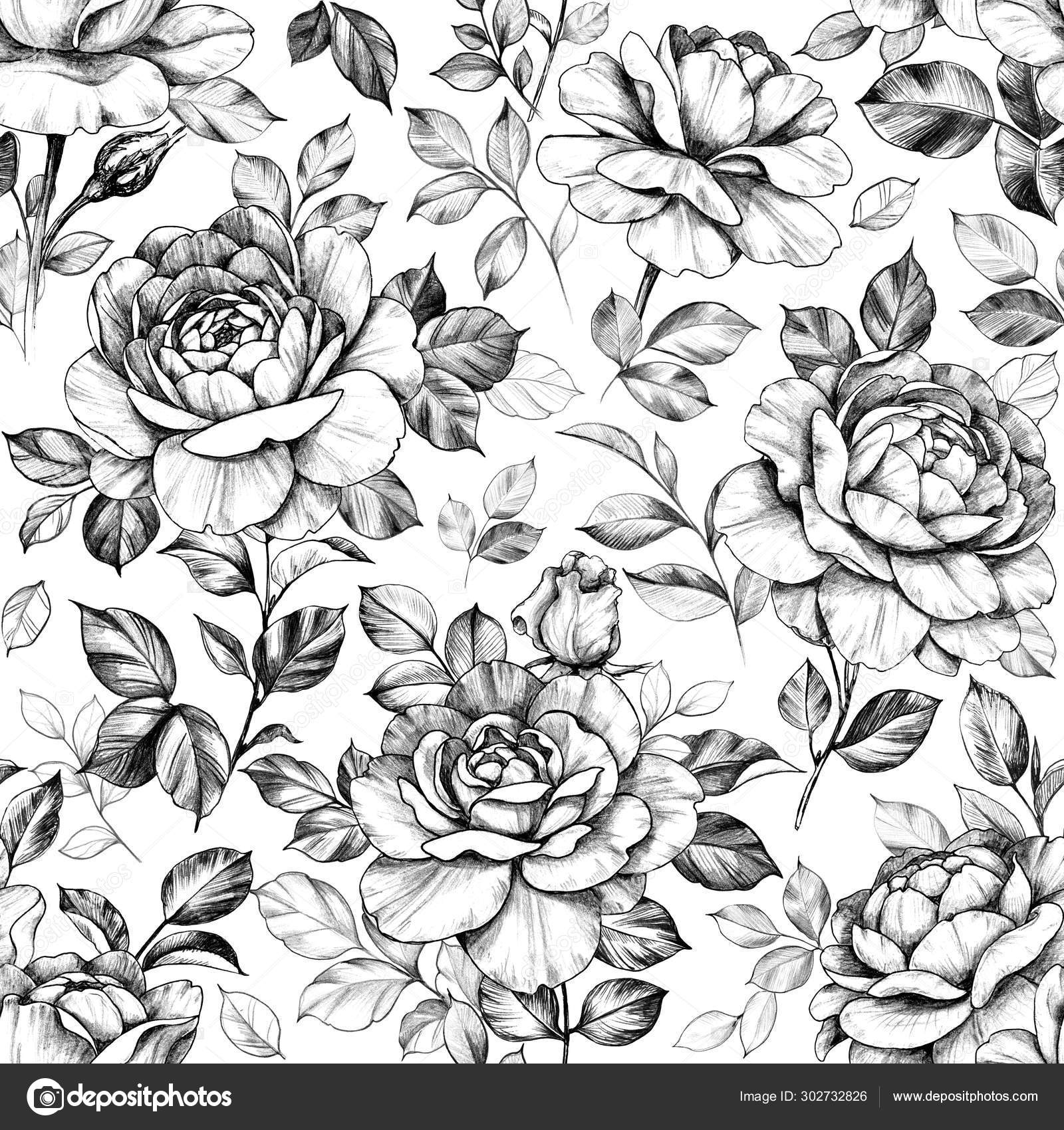 Seamless Pattern with Hand Drawn Rose Flowers Stock Illustration by ©Valiva  #302732826, image size:1600x1700
