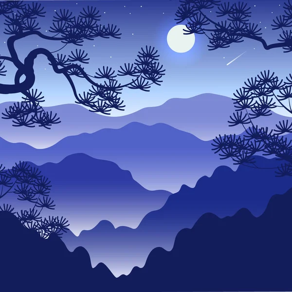 Nocny krajobraz z mgliste góry i pełnia księżyca — Wektor stockowy