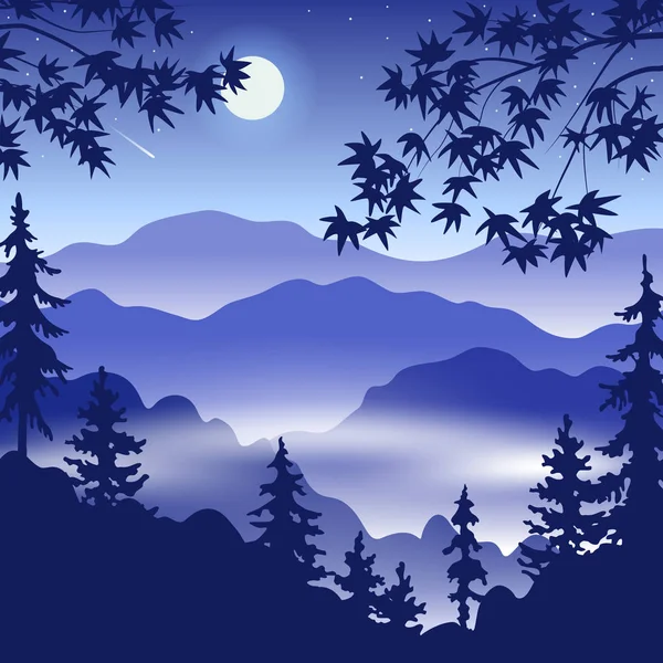 Нічний пейзаж з горами, повний місяць і дерева — стоковий вектор