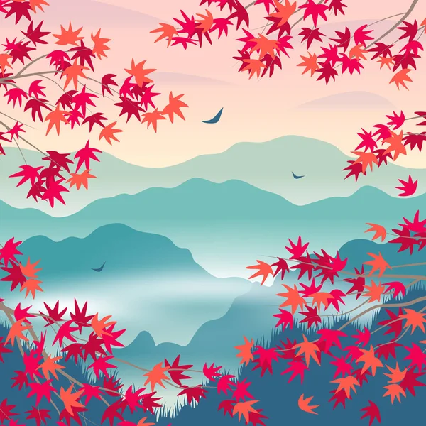 Paysage d'automne avec montagnes et branches d'érable japonaises — Image vectorielle