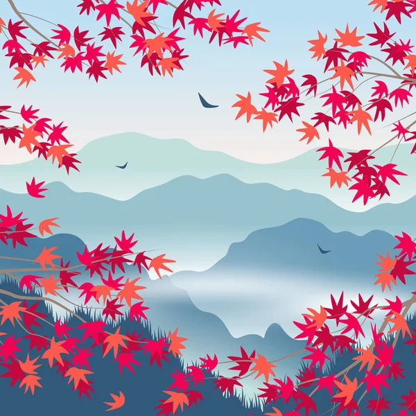 青い霧の山々 日本のカエデの赤い葉と枝を持つシンプルな秋の風景 静けさと自然の背景オリエンタルシーン ベクトルフラットイラスト — ストックベクタ
