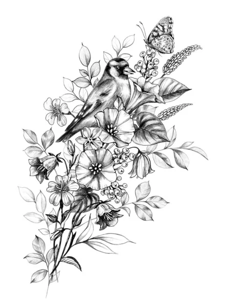 Goldfinch, Butterfly  and Wildflowers Bouquet. — Stock Photo, Image