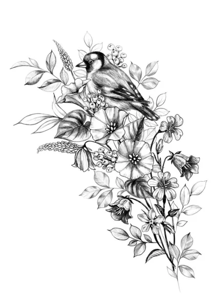 Goldfinch sedí na kytice Wildflowers. — Stock fotografie