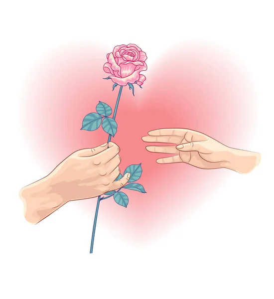 Male Hand Holding Pink Rose Female Hand Heart Shaped Background — Stock Vector