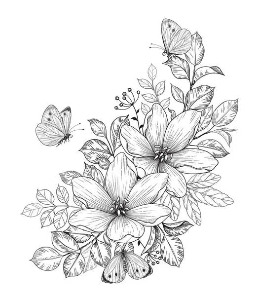 手の花の束 飛んで描かれ 蝶の白の上に隔離座っ ヴィンテージスタイル Tシャツ タトゥーデザイン 着色ページ 結婚式の装飾でベクトルモノクロエレガントな花の組成 — ストックベクタ