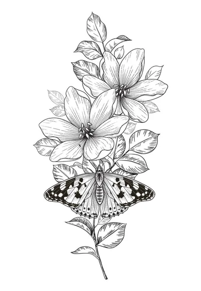 手工绘制的花朵和蝴蝶隔离在空白的背景上 黑色和白色的花和蛾的顶部视图 古色古香风格的矢量单色典雅花卉构图 纹身设计 着色页 — 图库矢量图片
