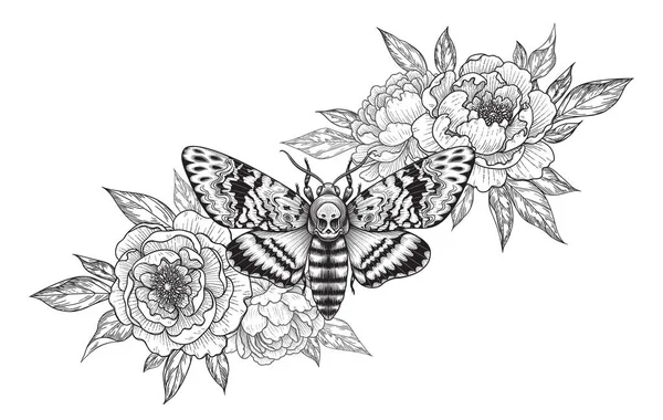 手描きのアケロンティアスタイクス蝶と牡丹の花を白で描きました 死の頭ホーク蛾とモノクロームのエレガントな花の組成物 ヴィンテージスタイルのベクトルイラスト タトゥーアート Tシャツデザイン — ストックベクタ