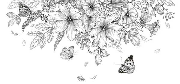 Flores Mariposas Flor Dibujadas Mano Sobre Fondo Blanco Flores Silvestres — Vector de stock