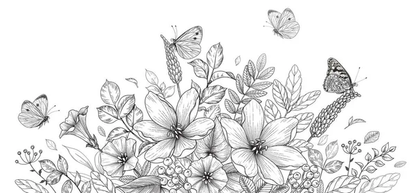 Handgezeichnete Blühende Blumen Und Schmetterlinge Auf Blankem Hintergrund Schwarz Und — Stockvektor