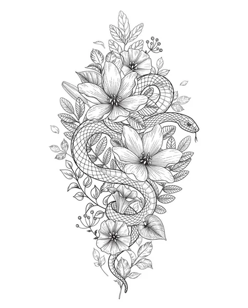 Hand Drawn Twisted Snake Wild Flowers Isolated White Vector Monochrome — Stock Vector