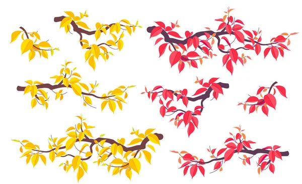 Ensemble Branches Simples Arbre Automne Avec Des Feuilles Jaunes Rouges — Image vectorielle